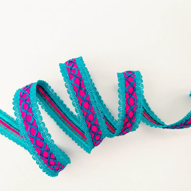 Fuchsia Pink Cotton Fabric Lace Trim with Blue Thread Embroidery, Trim By 3 Yards, Craft Decorative Ribbon